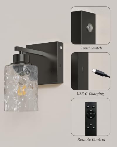 Hammered Glass Wireless Battery Operated Wall Sconces Set of Two Black - Image 4
