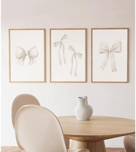 Preppy Bow Wall Art Decor Set of 3 Beige Coquette Wall Art Aesthetic Canvas by Baccone