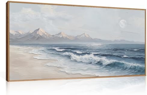 HLNIUC Blue Ocean Wave Framed Canvas Wall Art, Large Modern Sea Beach, Abstract by HLNIUC