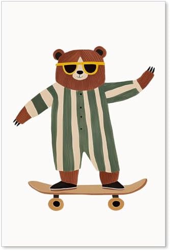 Cool Skateboarding Bear Wall Art Funny Cute Animal Canvas Poster Fashion by Unknown