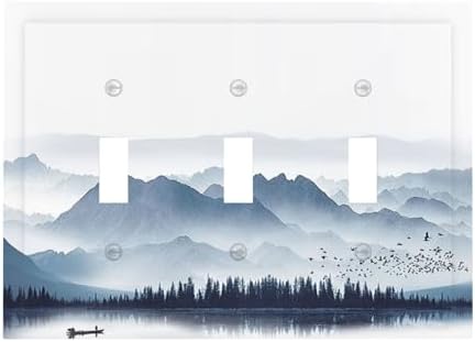 Decorative Switch Plates Mountain Foggy Lake Boat Grey Blue Forest Birds 3 Gang by Lightswitchcovers