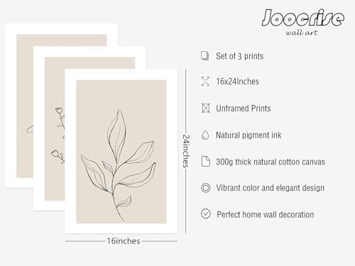 Joocrise Botanical Wall Art Decor Set of 3 Neutral Wall Decor Boho Beige Canvas - Image 2