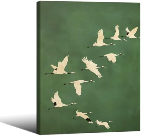 Emerald Green Gold Cranes Wall Art Japanese Bird Poster 12X16 inch Framed by Unknown