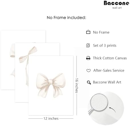 Preppy Bow Wall Art Decor Set of 3 Beige Coquette Wall Art Aesthetic Canvas - Image 2