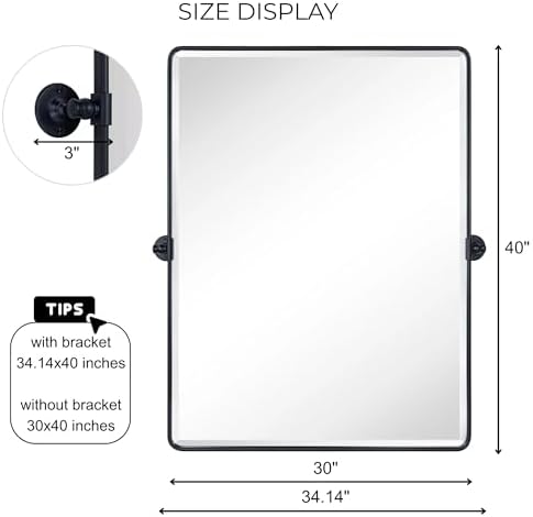 TEHOME Pivot Mirror Matt Black Tilt Vanity Mirror Large Black Metal Framed - Image 6