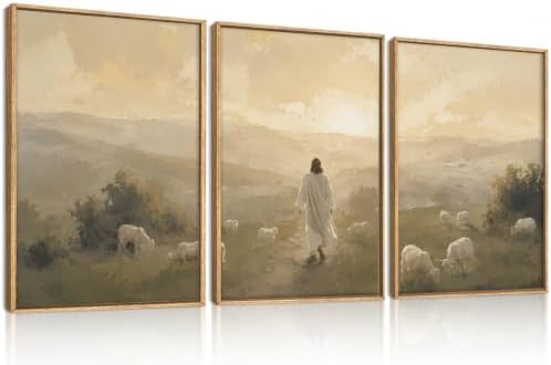 HLNIUC Vintage Jesus Lamb Framed Canvas Wall Art, Large Abstract Christian by HLNIUC