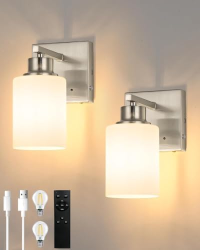 Wireless Battery Operated Wall Sconce Set of Two, Modern White Glass Nickel by Rayogale