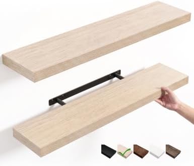 Oak Long Floating Shelves, 36 Inch Wooden Bathroom Shelf Set of 2 by Mifurn