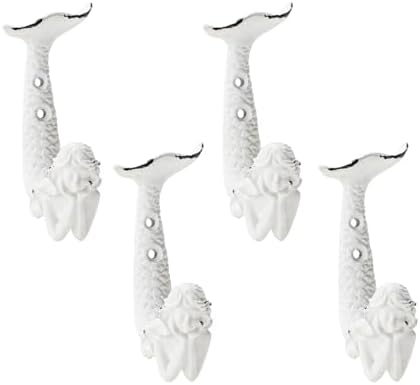 SOFFEE DESIGN 4pcs White Mermaid Shape Metal Coat Hooks, Playful Mermaid Design by SOFFEEDESIGN
