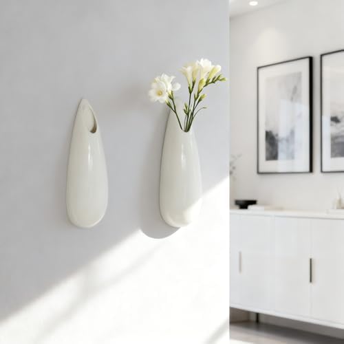 White Ceramic Wall Vases, 7.9 Inch, Teardrop Design - Image 3