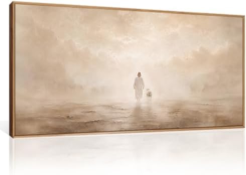 Christian Jesus and Lost Lamb Framed Canvas Wall Art-40"x20"x1 by Celestdeco
