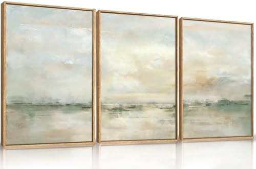LHIUEM Large Abstract Green Gray Pastel Framed Canvas Wall Art, Neutral by LHIUEM