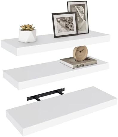 Vervida® White Floating Wall Shelves 24in Deep Set of 3 Modern 37 Lbs by Vervida