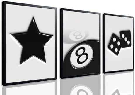 Black And White Wall Art Set of 3, Vintage Y2k Dice 8 Ball Canvas Prints by Unknown