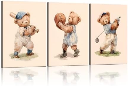 Teddy Bear Sports Nursery Animal Canvas Wall Art Cute Woodland Rugby Wall Decor by Unknown