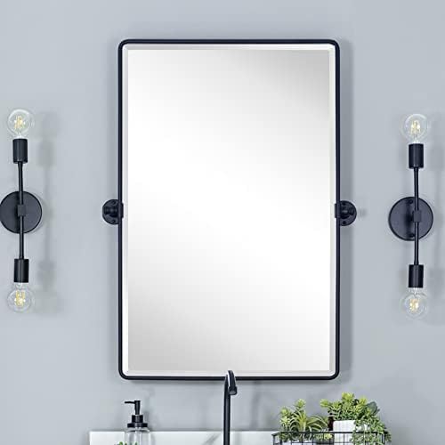 Farmhouse Pivot Rectangle Bathroom Mirror Black Metal Framed Tilting Beveled by TEHOME