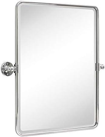 Farmhouse Chrome Metal Framed Pivot Rectangle Bathroom Mirror Rounded by TEHOME