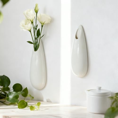White Ceramic Wall Vases, 7.9 Inch, Teardrop Design - Image 5