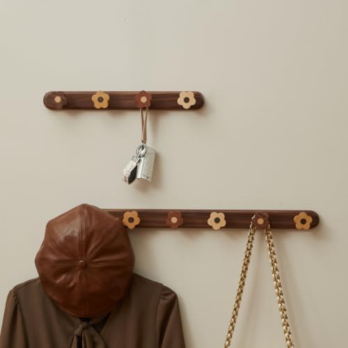 Kids Coat Rack Wall Mount with 6 Cute Flower Hooks, Decorative Walnut Wood Wall - Image 3