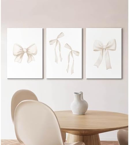Preppy Bow Wall Art Decor Set of 3 Beige Coquette Wall Art Aesthetic Canvas - Image 4