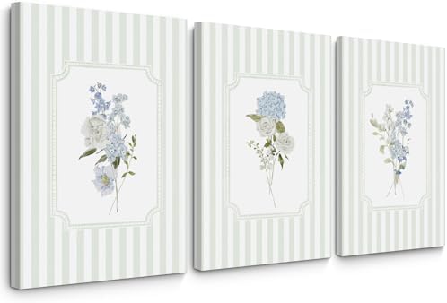 Blue Hydrangea Wall Art Floral Canvas Prints Sage Green Striped Wall Decor by Tanmart