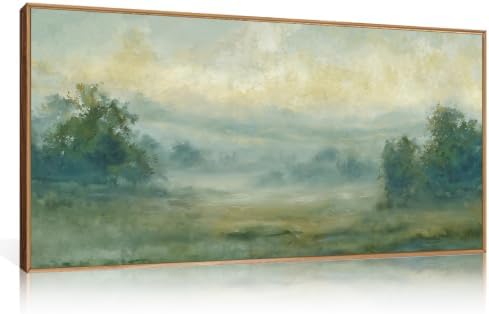 HLNIUC Green Abstract Minimalist Framed Canvas Wall Art, Neutral Landscape by HLNIUC