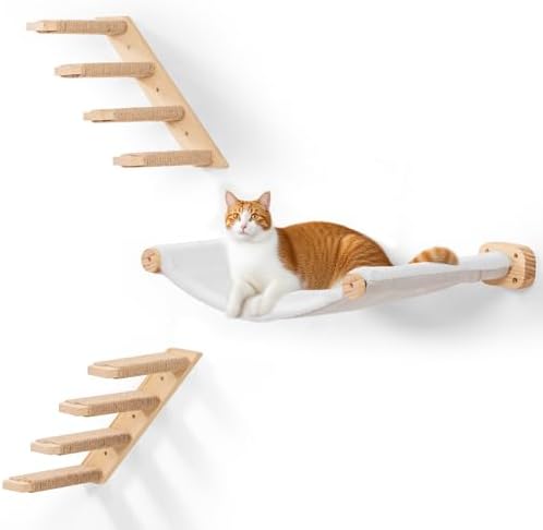 Cat Scraching Post Wall Shelves Set of 3 –1 Floating Fabric Hammock, 2 Cat Wall by PELUOMOZ