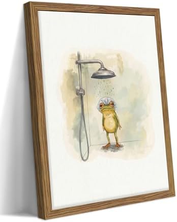 Framed Funny Frog Canvas Wall Art, Cute Frog Showering in Bathroom Canvas Prints by FSYSART