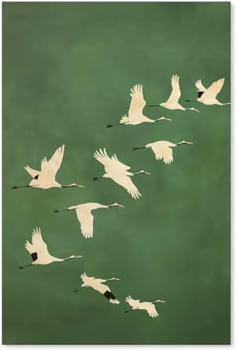 Emerald Green Gold Cranes Wall Art Japanese Bird Poster Vintage Minimalist by Unknown