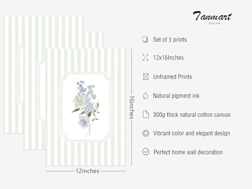 Blue Hydrangea Wall Art Floral Canvas Prints Sage Green Striped Wall Decor - Image 2
