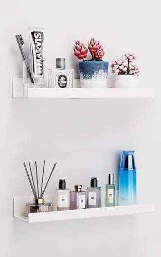 2 Pack Acrylic Shelves for Wall, 15 Inch White Adhesive Floating Shelf by Albumgit