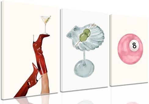 Framed Funky Martini Posters Wall Art Set of 3, Vintage Preppy Aesthetic Canvas by Unknown