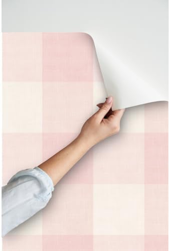 Spoonflower Pink Plaid Faux Peel and Stick Wallpaper - Image 3