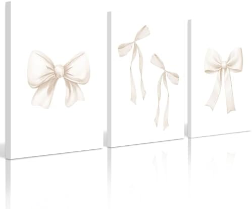 Preppy Bow Wall Art Decor Set of 3 Beige Coquette Wall Art Aesthetic Canvas by Baccone