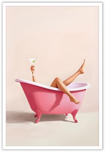 Woman With Cocktail In Bathtub Poster Cute Pink Bathroom Martini Canvas Wall by Unknown