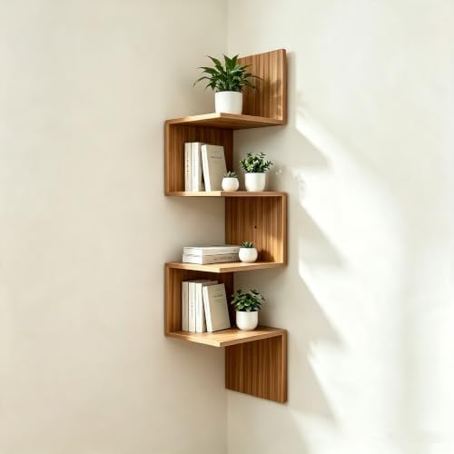 Premium Bamboo Floating Corner 4-Tier, Corner Shelf Wall, 7.8"Lx7.8"Wx40.1H by STSSELECTED