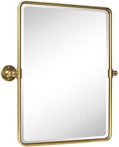 Farmhouse Gold Metal Framed Pivot Rectangle Bathroom Mirror Rounded Rectangluar by TEHOME