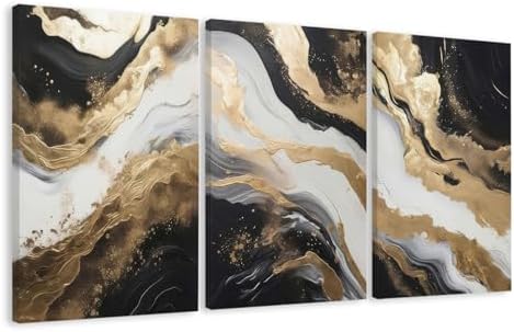 EJPFOGV Triptych Black White Gold Wrapped Canvas Wall Art 20x30 inches x3 by FramedCanvasWallArt