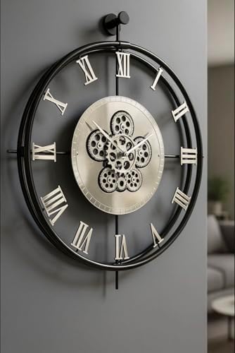 Large Moving Gear Wall Clock – Luxury Metal Ring Roman Numeral Silent by Unknown
