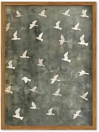 Framed Vintage Flying Bird Canvas Wall Art, Minimalist Abstract Flock of White by Unknown
