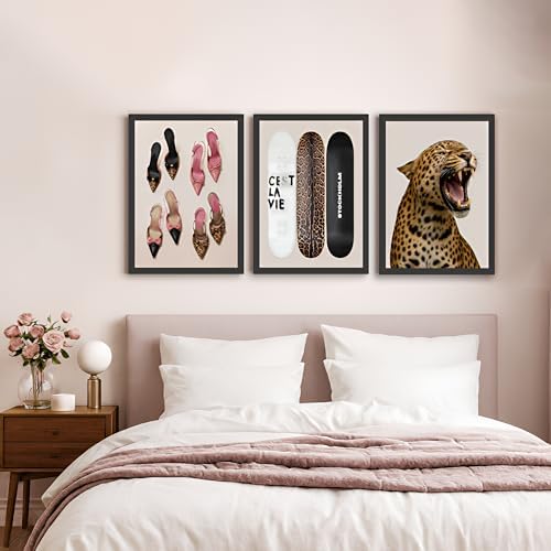 Stockholm Style 3-Piece Framed Wall Art Set – Leopard Print & Preppy Fashion Art - Image 2