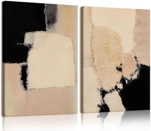 RUURUU 2Pcs Framed Black and Brown Abstract Canvas Wall Art Neutral Mid-Century by Unknown