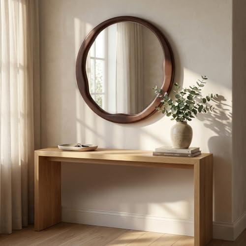 Dark Walnut 24 Inch Round Wood Wall Mirror, Asymmetrical Inner Edge - Image 2