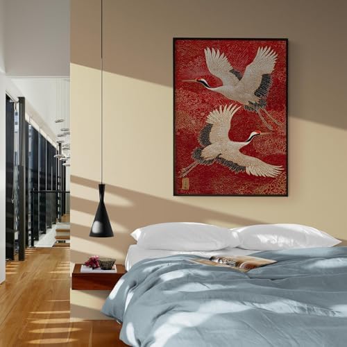 Retro Japanese Canvas Wall Art Funny Oriental Crane Posters Red And Gold Bird - Image 5