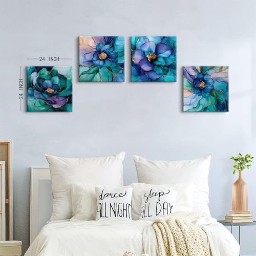 BL BORLINART Teal Blue and Gold Flower Wall Art Modern Wall Decor Abstract - Image 2