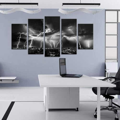 Biuteawal - Black and White City Wall Art Nature Lightning Strikes in The - Image 4
