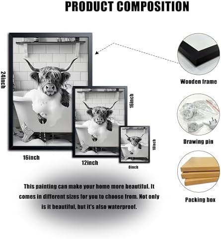 Highland Cow Bathroom Wall Art, Cute Black and White Animal Wall Decor Painting - Image 3