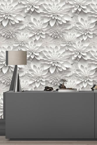 White Gray Lotus Floral Peel and Stick Wallpaper Visual 3D Effect - Image 4