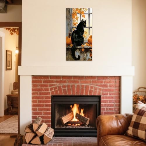 SWQYLB Autumn Pictures Wall Art Black Cat Fall Decor Halloween Animal Canvas - Image 2