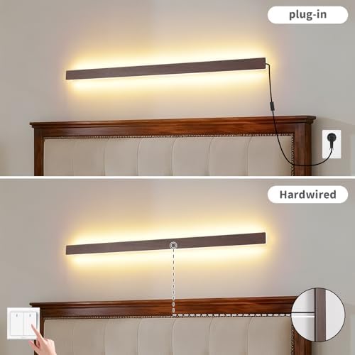 KELUOLY Farmhouse Plug in Long Wall Sconce, 39.3" Faux Walnut Finish LED Wall - Image 4